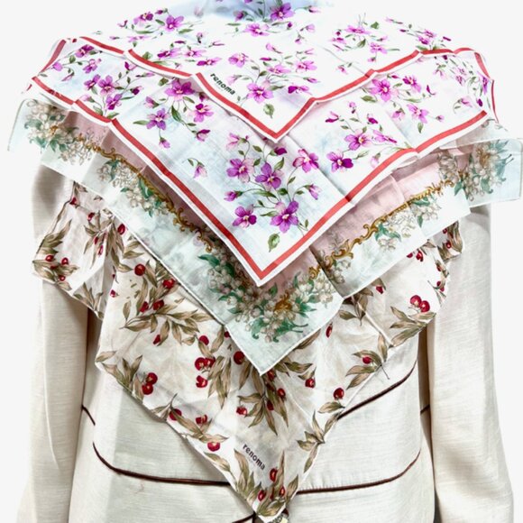 New Set of 3 RENOMA Paris Handkerchief coton 17"pijk blue white green florR(43 - Picture 2 of 10